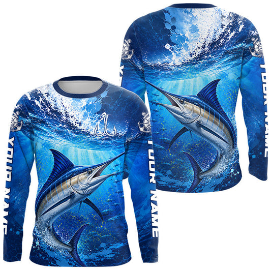 Maxcorners Marlin Fishing Jersey Ocean Blue 3D All Over Print Long Sleeve Performance Shirt LM1406