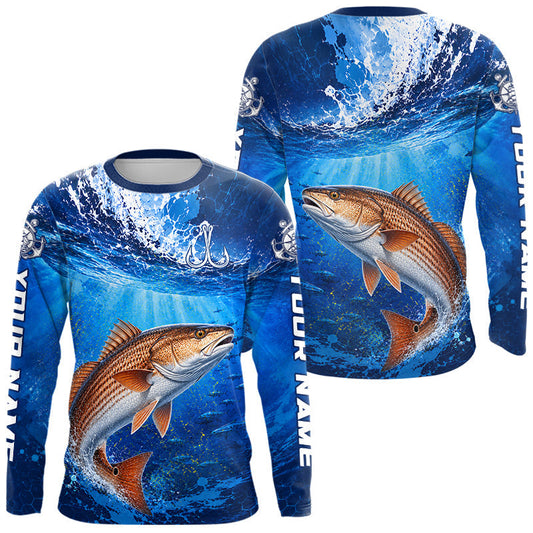 Maxcorners Redfish (Red Drum) Fishing Jersey Ocean Blue 3D All Over Print Long Sleeve Performance Shirt LM1406