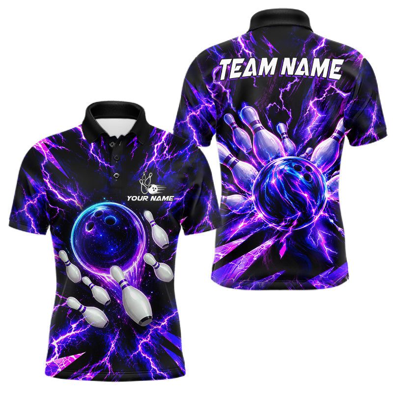 Maxcorners Custom Men Bowling Polo Shirt, Personalized Bowling Team Jersey, Purple Lightning Bowler Shirt