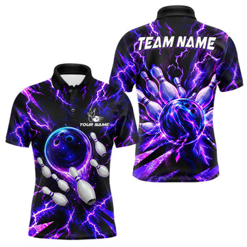 Maxcorners Custom Men Bowling Polo Shirt, Personalized Bowling Team Jersey, Purple Lightning Bowler Shirt