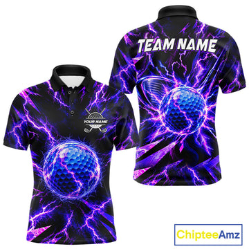 Maxcorners Personalized Purple Electric Lightning Men Golf Polo Shirt, Custom Golf Ball Polo Shirt