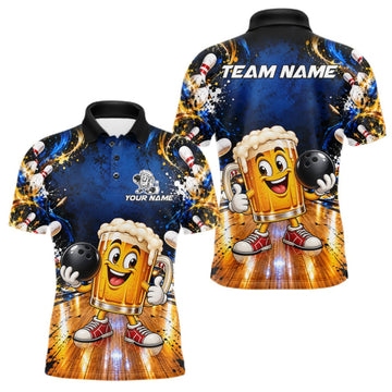 Maxcorners Funny Cartoon Beer Mug Bowling Polo Shirt For Men Custom Blue Team Tournament Jersey LM1910