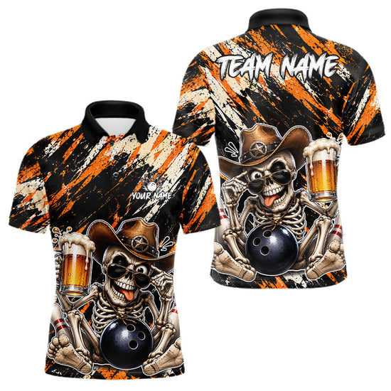 Maxcorners Custom Men Skeleton Cowboy Bowling Beer Polo Shirt Orange, Funny Bowling Shirt For Bowlers