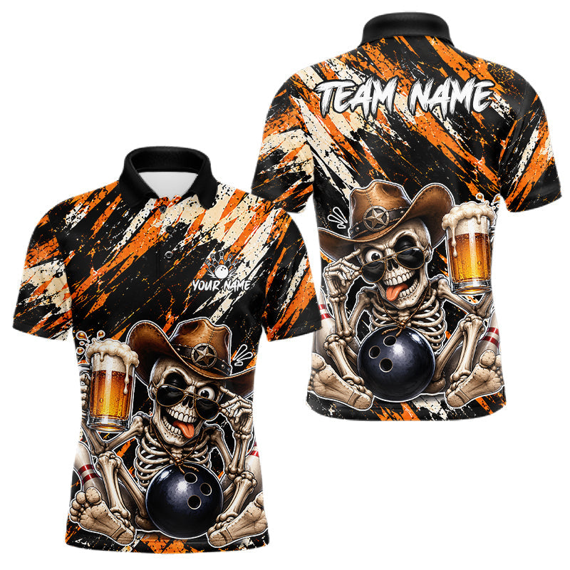 Maxcorners Custom Men Skeleton Cowboy Bowling Beer Polo Shirt Orange, Funny Bowling Shirt For Bowlers