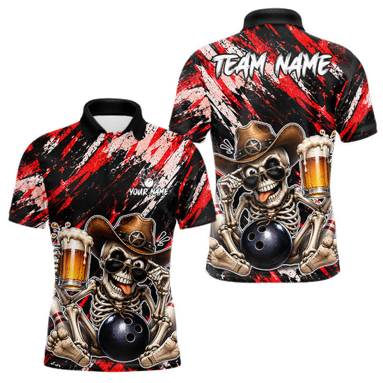 Maxcorners Custom Men Skeleton Cowboy Bowling Beer Polo Shirt Red, Funny Bowling Shirt For Bowlers