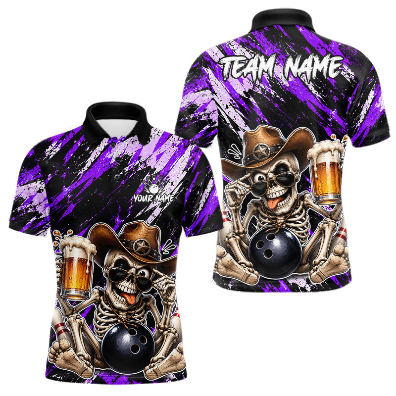 Maxcorners Custom Men Skeleton Cowboy Bowling Beer Polo Shirt Purple, Funny Bowling Shirt For Bowlers