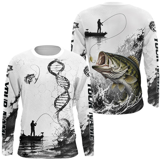 Maxcorners Largemouth Bass Fishing Long Sleeve Shirt Fisherman Boat DNA Art Graphic For Anglers LM2306