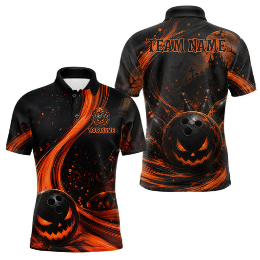Maxcorners Personalized Halloween Bowling 1/4 Zip Polo Shirt For Men - Scary Pumpkin Team Name Jersey