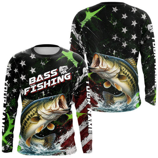 Maxcorners Best Bass Fishing Shirts Long Sleeve American Flag Patriotic Custom Name Fishing Tournament LM2405