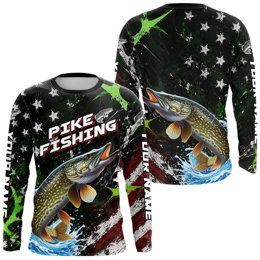 Maxcorners Best Pike Fishing Shirts Long Sleeve American Flag Patriotic Custom Name Fishing Tournament LM0106