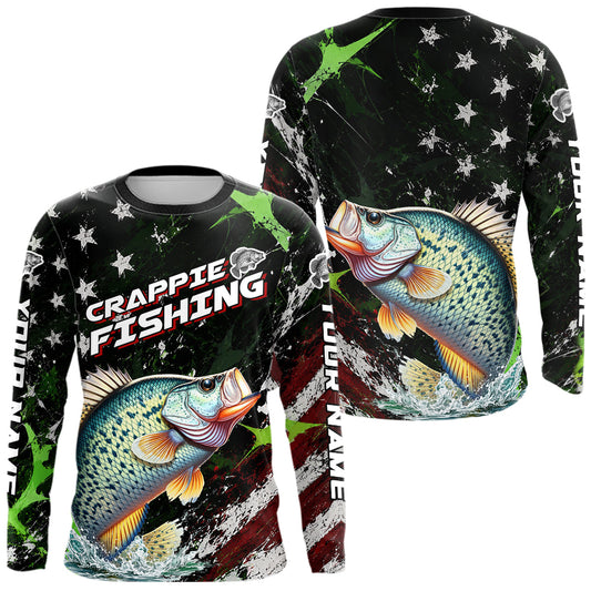 Maxcorners Best Crappie Fishing Shirts Long Sleeve American Flag Patriotic Custom Name Fishing Jersey LM2405