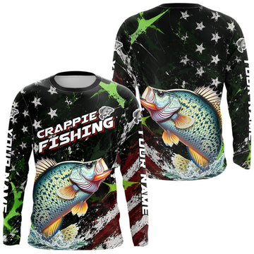 Maxcorners Best Crappie Fishing Shirts Long Sleeve American Flag Patriotic Custom Name Fishing Jersey LM0106