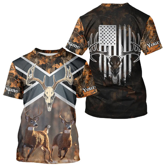 Maxcorners Hunting Shirt with Running Deer Design US Flag - Orange Camo Custom Name 3D Print