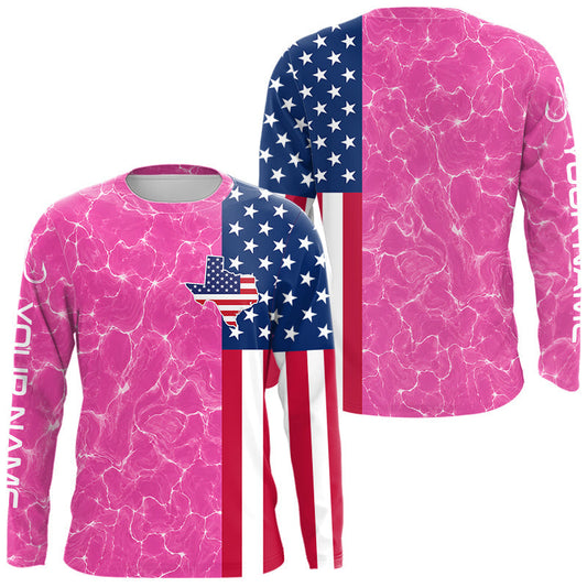 Maxcorners Texas Fishing Shirt Pink American Flag Men's Long Sleeve Fishing Apparel LM2806
