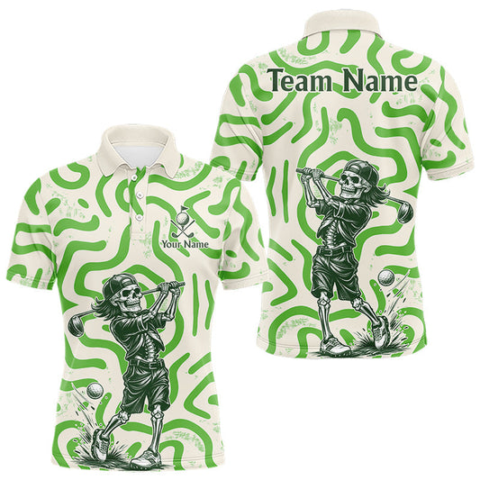 Maxcorners Personalized Funny Skeleton Mens Golf Polo Shirt Green Abstract Pattern Custom Golf Shirt For Team Name & Name LM2603