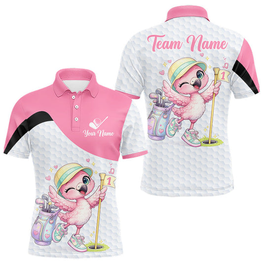 Maxcorners Pink Mens Golf Polo Shirt Pink Flamingos Pattern Custom Name, Funny Flamingo Golf Polo Shirts LM2603