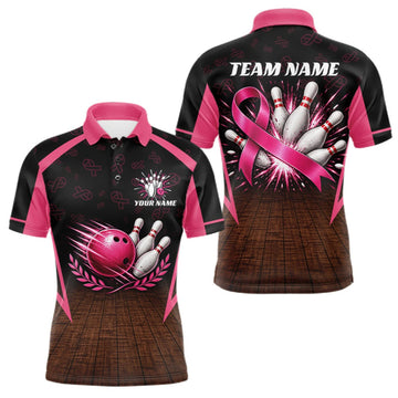 Maxcorners Custom Name Pink Ribbon Bowling Polo Shirt, Breast Cancer Awareness Team Sports Shirt For Men LM2709