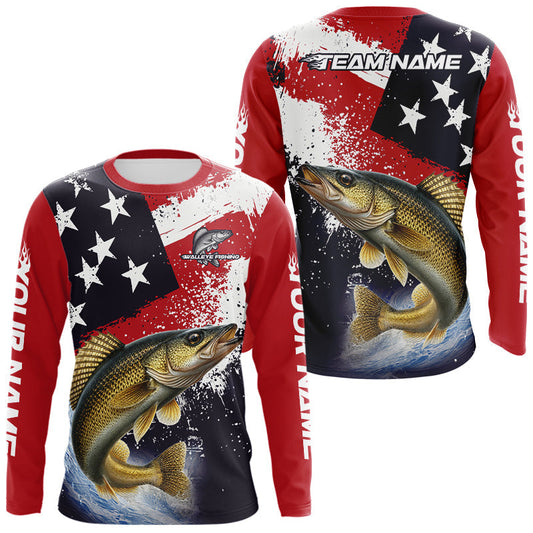 Maxcorners Personalized Walleye Fishing Jerseys, Custom American Flag Walleye Fishing Shirts Long Sleeve
 LM0503