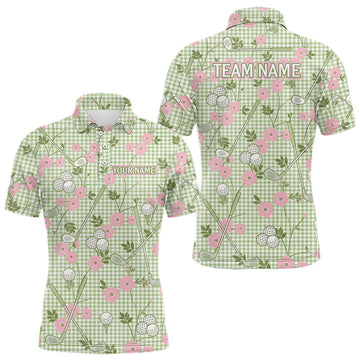 Maxcorners Floral Golf Polo Shirt Personalized Gingham Golf Shirt Custom Name Cute Golf Outfit For Mens Golf Gift LM0404