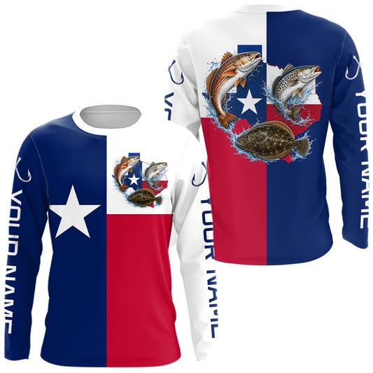Maxcorners Texas Slam Long Sleeve Jersey With Redfish, Trout & Flounder Texas Saltwater Fishing Shirt For Men LM0607