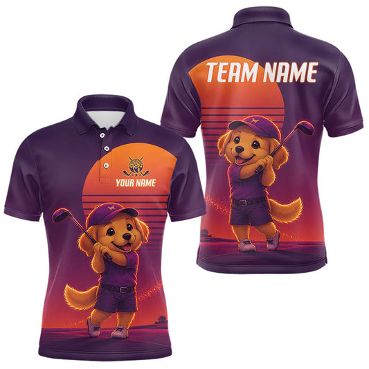 Maxcorners Personalized Golden Retriever Dog Golf Shirt - Retro Sunset Golf Polo Shirt For Men