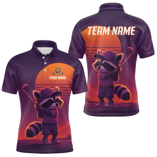 Maxcorners Personalized Raccoon Golf Shirt - Retro Sunset Golf Polo Shirt For Men