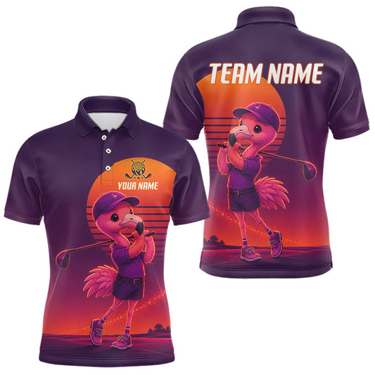 Maxcorners Personalized Flamingo Golf Shirt - Retro Sunset Golf Polo Shirt For Men