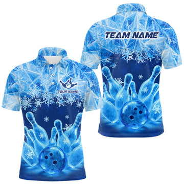 Maxcorners Blue Winter Bowling 1/4 Zip Polo Shirt Custom Name – Ice Bowling Ball Performance Jersey For Men
