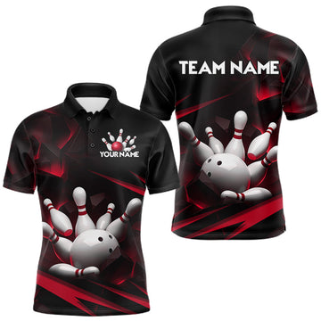 Maxcorners Personalized Bowling 1/4 Quarter Zip Polo Red Black Bowling Ball Jersey For Men