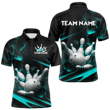 Maxcorners Personalized Bowling 1/4 Quarter Zip Polo Turquoise Black Bowling Ball Jersey For Men
