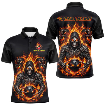 Maxcorners Personalized Men Bowling Jersey Custom Name Orange Grim Reaper Skull Bowling Polo Shirt Gift
