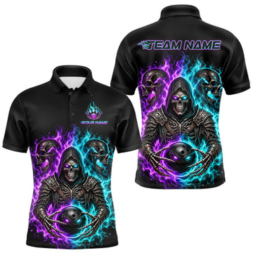 Maxcorners Personalized Men Bowling Jersey Custom Name Purple Blue Grim Reaper Skull Bowling Polo Shirt Gift