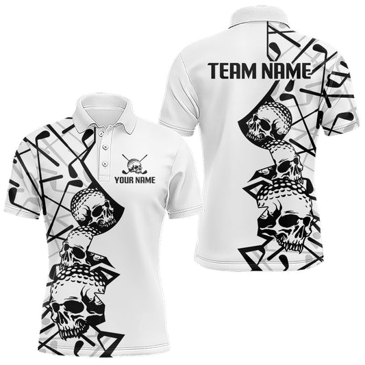 Maxcorners Custom Skull Mens Golf Polo Shirt Personalized Name, Golf Team Polo Jersey| White