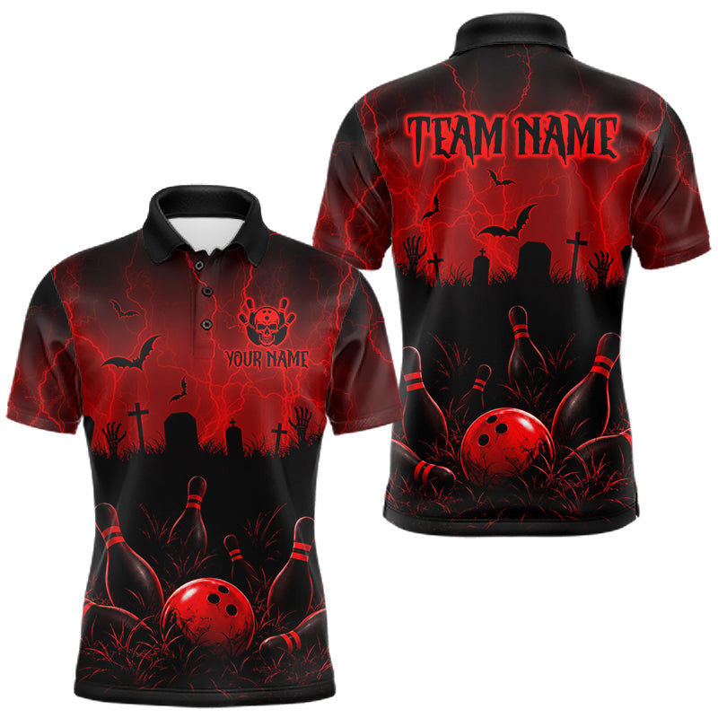 Maxcorners Red Halloween Bowling Shirt, Personalized Skeleton Bowling Shirt With Custom Team Name For Men