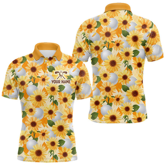 Maxcorners Personalized Sunflower Mens Golf Polo Shirt Custom Name Floral Golf Polo For Men