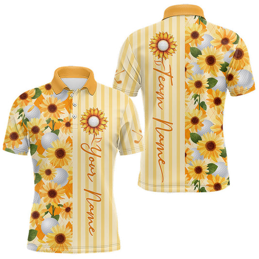 Maxcorners Personalized Sunflower Mens Golf Polo Shirt Custom Name Golf Ball Floral Polo Shirt