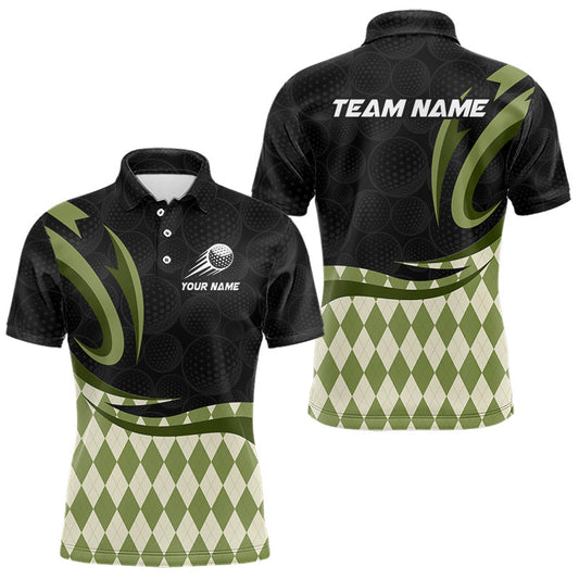 Maxcorners Personalized Mens Golf Polo Shirt Custom Name, Black Green Argyle Golf Team Polo LM1406