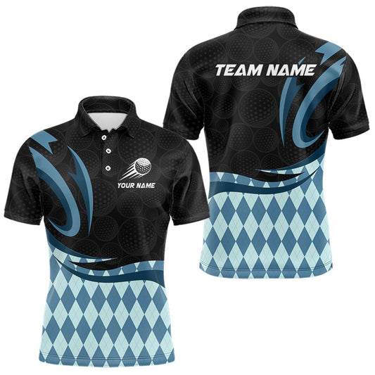 Maxcorners Personalized Mens Golf Polo Shirt Custom Name, Black Blue Argyle Golf Team Polo