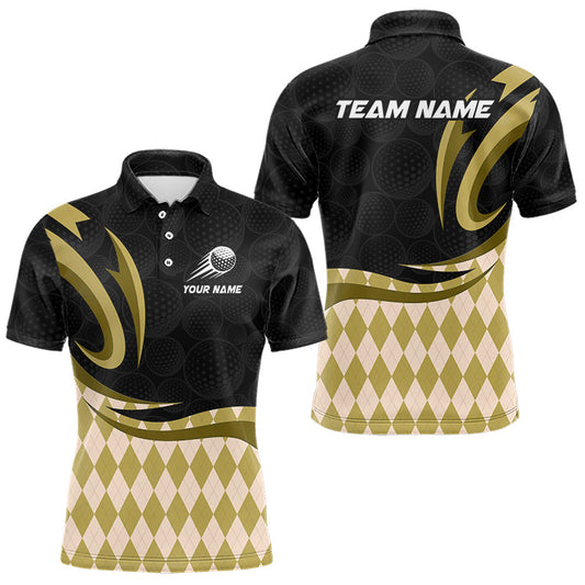 Maxcorners Personalized Mens Golf Polo Shirt Custom Name, Black Yellow Argyle Golf Team Polo