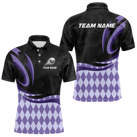 Maxcorners Personalized Mens Golf Polo Shirt Custom Name, Black Purple Argyle Golf Team Polo