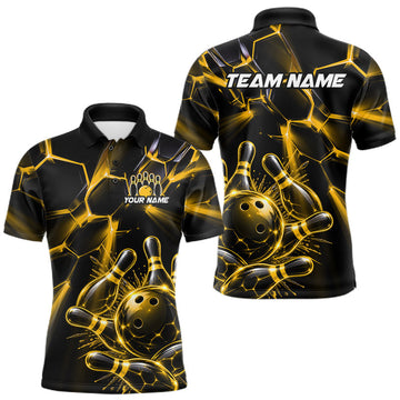 Maxcorners Men Yellow Glowing Lines Bowling Ball Jersey, Custom Team Name Bowling Polo Shirt LM0410