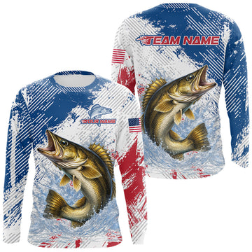 Maxcorners Custom Patriotic American Flag Walleye Fishing Shirts Long Sleeve, Fishing Tournament Jerseys LM1903