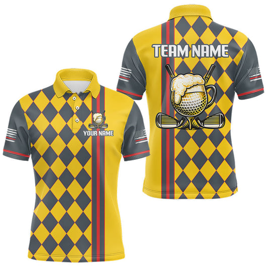 Maxcorners Personalized Mens Golf Polo Shirt Beer And Golf Ball Graphic Custom Team Name Golf Jersey|Yellow LM1406