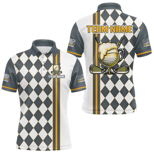 Maxcorners Personalized Mens Golf Polo Shirt Beer And Golf Ball Graphic Custom Team Name Golf Jersey|White LM1406