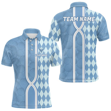 Maxcorners Custom Men Golf Polo Shirt, Argyle Blue Golf Shirt, Personalized Name Team Golf Polo