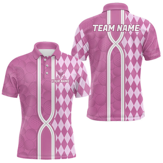 Maxcorners Custom Men Golf Polo Shirt, Argyle Pink Golf Shirt, Personalized Name Team Golf Polo