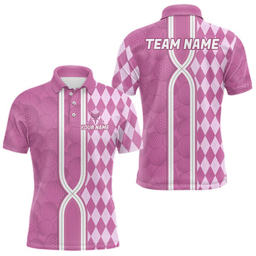 Maxcorners Custom Men Golf Polo Shirt, Argyle Pink Golf Shirt, Personalized Name Team Golf Polo