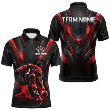 Maxcorners Red Black Bowling Player Polo Shirt For Men Custom Abstract Sports Team Tournament Jersey LM1910