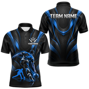 Maxcorners Blue Black Bowling Player Polo Shirt For Men Custom Abstract Sports Team Tournament Jersey LM1910
