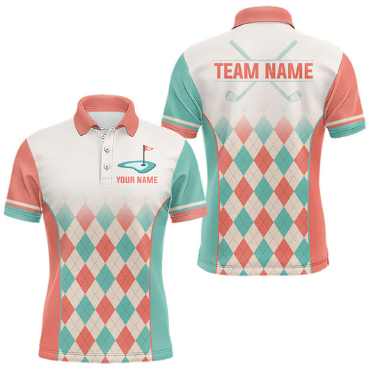 Maxcorners Argyle Pattern Golf Polo Shirts For Mens Custom Name, Golf Pattern Orange Turquoise Shirt Gifts LM1705